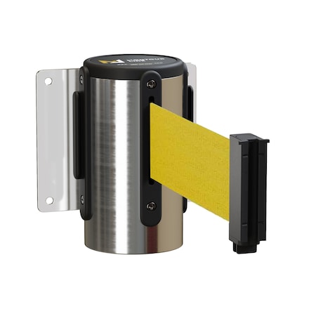 Montour Line Retractable Belt Barrier Wall Mount PSteel Case Fixed 14ft Yellow Belt MWM150-PS-YW-F-S-140